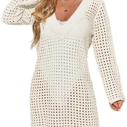 Saodimallsu Damen Strandkleid V-Ausschnitt Casual Bademode Short Beach Dress Weiß L