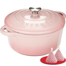 Overmont Gusseisen Schmortopf 26 cm - Backofengeeignet mit Deckel - Rosa