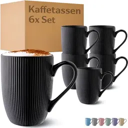 Cosumy Kaffeetassen Set 6er Schwarz Matt 350ml - Mit Streifenmuster - Mikrowellenfest & Spülmaschinenfest
