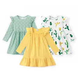 PATPAT Mädchen-Langarmkleid - Prinzessin A-Linie, Blumenmuster, perfekt für Schule, Geburtstage, Partys und Feiertage, Gelb, Gr. 90-98