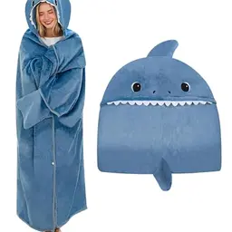 SQEQE Hai Hoodie Decke mit Kapuze und Handschuhen, Cartoon Sofadecke, für Damen und Herren, 150x130cm