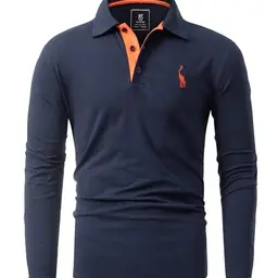 GLESTORE Herren Langarm Poloshirt mit Kragen - Marineblau XL