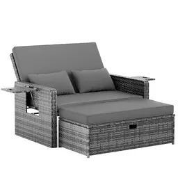 Amopatio Rattan Gartenlounge Outdoor Set, 2-Sitzer mit Auflagenbox, verstellbarer Rückenlehne, wetterfestes Möbel für Balkon & Terrasse, grau