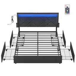 VASAGLE Doppelbettgestell 140 x 200 cm mit LED und 4 Schubladen, schiefergrau