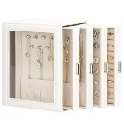 DesignSter Schmuckkästchen für Damen, PU Schmuckbox mit 4 Schubladen, Beige
