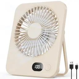 Kleiner USB Tischventilator, 5 Stufen, 180° verstellbar, Ultra-slim, bis zu 8 Std. Laufzeit, tragbar für Büro & Reisen, Beige
