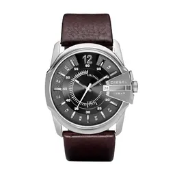 Diesel Herrenuhr Master Chief, 46mm Silber, Edelstahlgehäuse mit Lederarmband