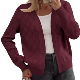 POMTIMCO Damen Strickjacke mit V-Ausschnitt und Lochmuster, weich und leicht, elegant, Weinrot, Größe M