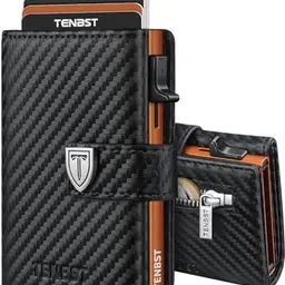 TENBST Ultradünne Herren Geldbörse mit Münzfach & RFID Schutz - Slim Wallet für 10 Karten - Schwarz & Orange