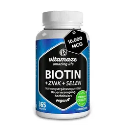 Biotin 10.000 mcg mit Selen & Zink für Haare, Haut & Nägel - 365 vegane Tabletten, Made in Germany
