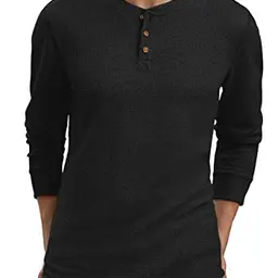 Ninee Herren Henley Shirt Langarm, leicht, 3-Knopf, Schwarz, Large