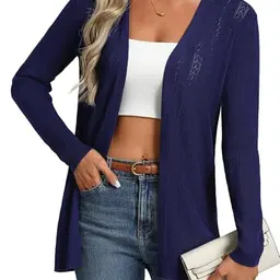 Grace Karin Damen Strickjacke Sommer Elegant V-Ausschnitt Offene Front Locker Langarm Marineblau