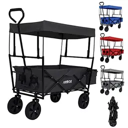 Arebos Bollerwagen faltbar mit Dach, 70 kg Tragkraft, 360° Vollgummireifen, inkl. 2 Netztaschen, Außentasche, schwarz