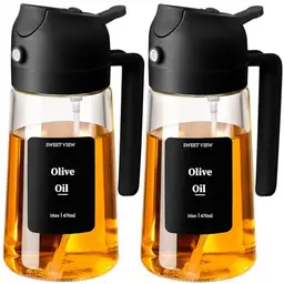 SWEET VIEW 2 in 1 Ölsprüher, 470ml - Glasflasche für Salat und Grillen (Schwarz)