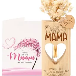 PRSTENLY Mama Geschenk mit Reagenzgläsern, Trockenblumen, Holzständer und Grußkarte – Perfekt zum Muttertag, Geburtstag oder Ostern