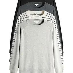 THE SET Damen Rundhalspullover Feinstrick 4er-Pack Black/Grey/Creme L