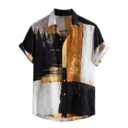 Herren Leinenhemd Kurzarm, Sommer, Bunte, Stehkragen, Freizeithemd, Gelb, 3XL