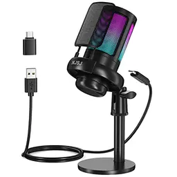 NJSJ Gaming Mikrofon für PC, PS4, PS5 & Mac - RGB USB, mit Stummschaltung und Pop Filter, Schwarz