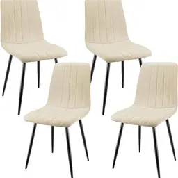 JIJIAN 4er Set Esszimmerstühle mit Leinenbezug und schwarzen Metallbeinen, beige, gepolstert, mit Streifendesign