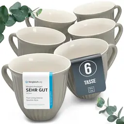 Steingut Kaffeetassen Set für 6 Personen, Hygge Stil, Hellbraunes Design