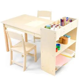 Puecrof Kinder Kunsttisch mit 2 Stühlen, Birkenholz, 106x58cm, ideal zum Basteln und Malen