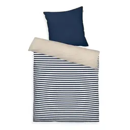 TOM TAILOR Perkal-Bettwäsche, 80x80 cm + 135x200 cm, Wendemotiv, Streifen Blau-Beige