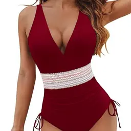 LUNNTE Damen Badeanzug Bauchweg Einteiliger V-Ausschnitt, Hoch Tailliert, Schlankheits-Design, Herausnehmbare Softpads, Rotwein, S