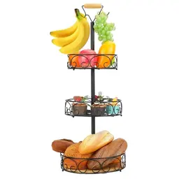 SHILIPAIJC 3-stöckige Obst- und Gemüseschale schwarz, mit Bananenhalter, Aufbewahrung für Obst, Gemüse, Brot und Snacks