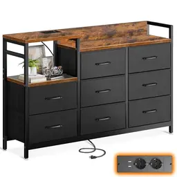 ODK Kommode mit 8 Schubladen und USB-Anschlüssen für Schlafzimmer und Wohnzimmer, Vintage Schwarz, 132x30x88 cm