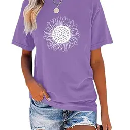 Cicy Bell Damen Sonnenblumen T-Shirt Vintage Rundhals Sommer Tops dunkelviolett