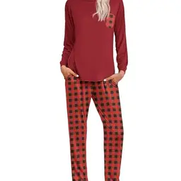Ekouaer Damen Schlafanzug Set langarm, kariert, rot - Zweiteilig, bequem