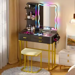 Lvifur Schminktisch mit LED-Spiegel, Hocker und 3 Schubladen, Frisiertisch für Wohnzimmer 40 x 80 x 140 cm