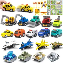Mostop 18 Pcs Pull Back Cars Set für Kleinkinder mit Spielmatte - Mini-Metal-Fahrzeuge, Stadtautos, Lastwagen, Panzer und Flugzeuge