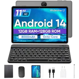 JIKOCXN 11 Zoll Android 14 Tablet mit Tastatur, 12GB RAM, 128GB Speicher, 8000mAh Akku, WLAN, Bluetooth, GPS (Schwarz)