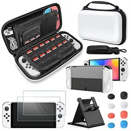 FYOUNG Zubehör Set für Nintendo Switch OLED mit Tragetasche, Displayschutz und Joystick-Kappen – Weiß