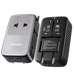 Reiseadapter 25W mit Schnellladung, 5 Ports (USB-A, USB-C, Netzanschluss), Typ C/G/I/A, Schwarz-Grau