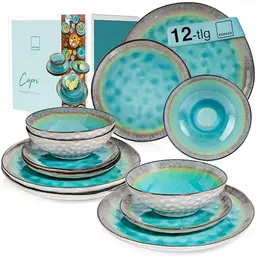 SÄNGER Geschirrset Capri 12 tlg, Tafelservice Türkis Blau für 4 Personen