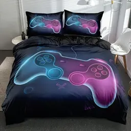 Gamer Bettwäsche Set 135x200cm - Schwarz Blau Lila, 3D Druck Microfaser mit Kissenbezug 80x80cm, Wende-Design