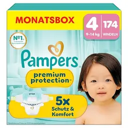 Pampers Premium Protection Größe 4, 174 Windeln, optimaler Haut- und Auslaufschutz für 9kg-14kg