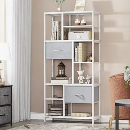 YITAHOME Bücherregal, 7 Regale mit Schubladen, industrielles Stahlregal für Wohnzimmer, Büro, Flur, Weiß