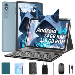 QDDQ 10 Zoll Tablet mit Tastatur, Android 14, 24GB+256GB, 5G WiFi, Gesichtserkennung, 8000mAh (Grün)