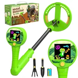 GreenRex Metalldetektor für Kinder, höhenverstellbar, leicht, mit LCD-Display, Ton- & Lichtsignale, lehrreiches Outdoor-Set, grün