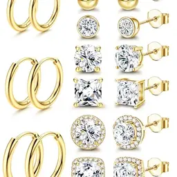 FIOROYAL 9 Paar Ohrstecker Silber 925 für Damen und Herren - Hypoallergen Creolen Set mit Cubic Zirkonia