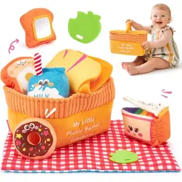 Hahaland Plüsch Picknickkorb für Baby ab 6 Monaten, Sensorik- und Motorik-Spielzeug, Geschenk für 1 Jahr und älter