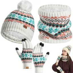 3er Set Wintermütze, Schal und Handschuhe, Thermo-Strick, Dicke und Weiche Mütze mit Fleece-Futter (Weiß)
