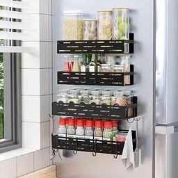 LokRoad Magnetisches Gewürzregal für Kühlschrank - 4 Stück mit 8 Haken, Schwarz