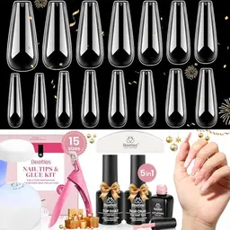 Beetles Gel-Nagel-Set, 600 rosa Sargnagelspitzen mit 5-in-1-Nagelkleber, einfaches Verlängerungsset