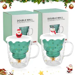 REFORUNG 2er Set Weihnachtstassen mit Deckel - Doppelwandige Kaffeetassen 300ml