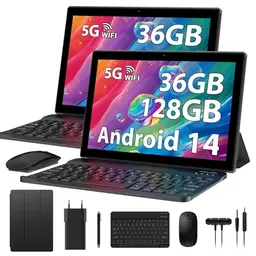 RUSHAR 10 Zoll Tablet Android - 128GB ROM, 5G WLAN, 8000mAh, mit Tastatur und Maus, Schwarz