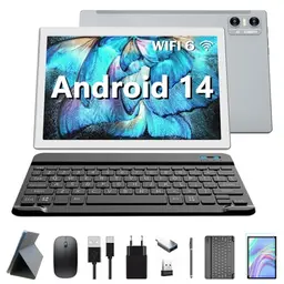 KADYBE 2025 Neueste WLAN 6 Android 14 Tablet 10 Zoll,64GB ROM (512GB TF),Octa-Core,|GMS-Zertifizierung| 5+13 MP | 1.8GHz | 7000 mAh | Tablet PC mit Tastatur Maus Stift, 2 Jahre Garantie-(Silbrig)